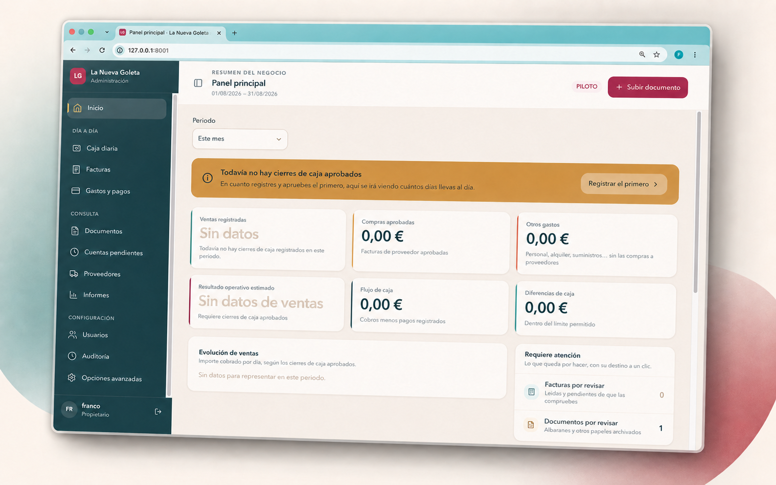 Panel principal de La Nueva Goleta Administración mostrando el resumen del negocio, indicadores de ventas, compras y caja, y el menú lateral de secciones.
